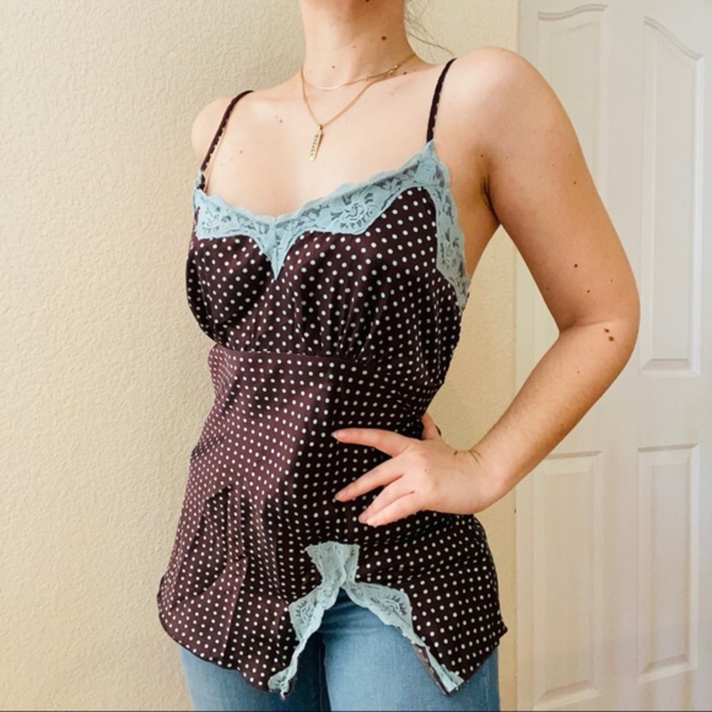 Vintage y2k polka dot lace satin slit lingerie top
